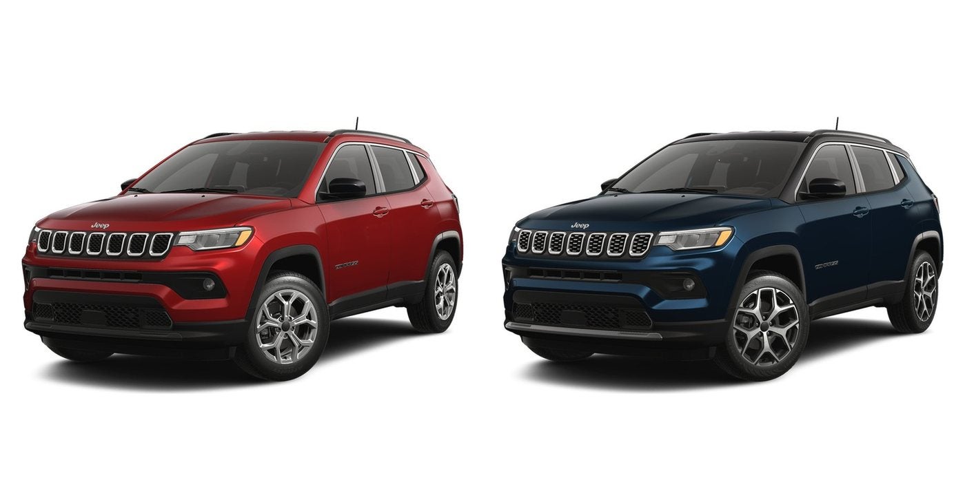 Red 2026 Jeep Compass Latitude and blue 2026 Jeep Compass Limited side by side; compare them at Ross Downing CDJR of Mobile, AL