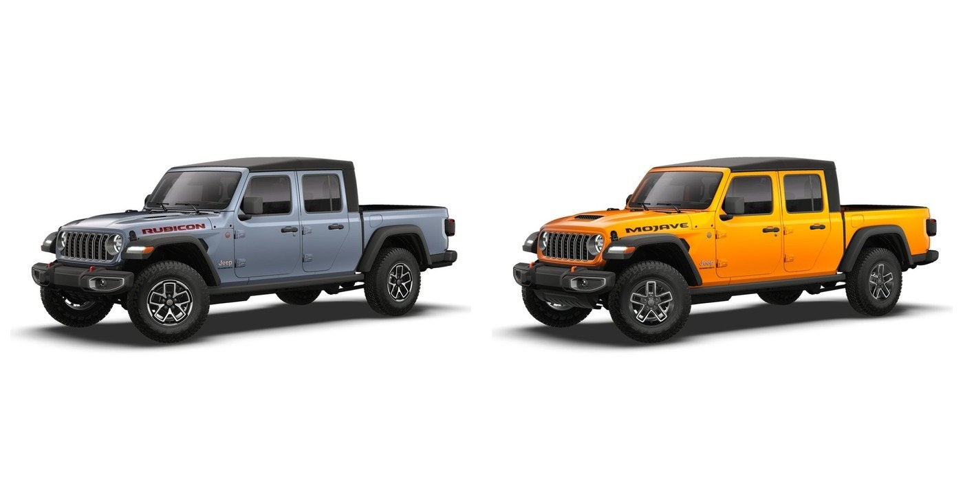 2026 Jeep Gladiator Rubicon and 2026 Jeep Gladiator Mojave side by side, both sold new at Ross Downing CDJR of Mobile, AL