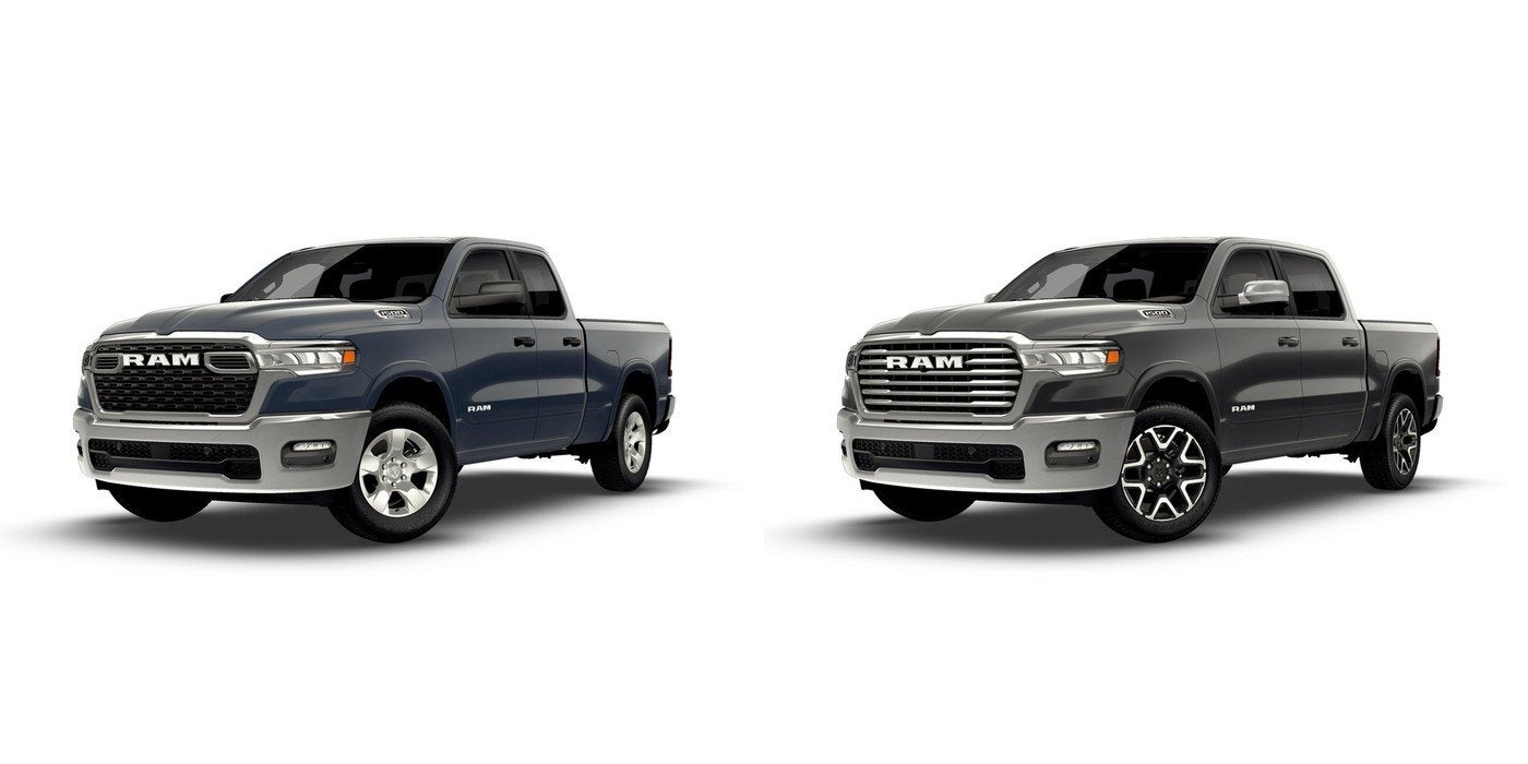 2026 Ram 1500 Big Horn and 2026 Ram 1500 Laramie side by side, both sold new at Ross Downing CDJR of Mobile, AL