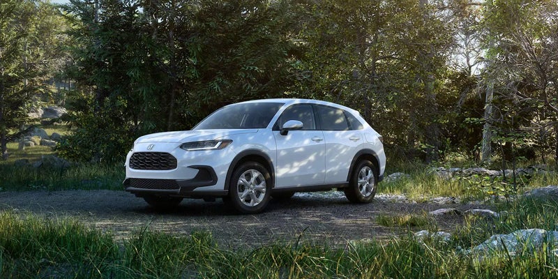 A white SUV is parked on a grassy, wooded area surrounded by green trees and sunlight filtering through the foliage.