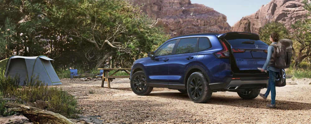 Blue Honda SUV parked at a canyon campsite with the rear hatch open, as a person wearing a backpack stands beside the vehicle.
