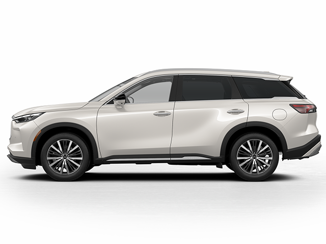 Side view of a light beige Infiniti QX60 SUV.