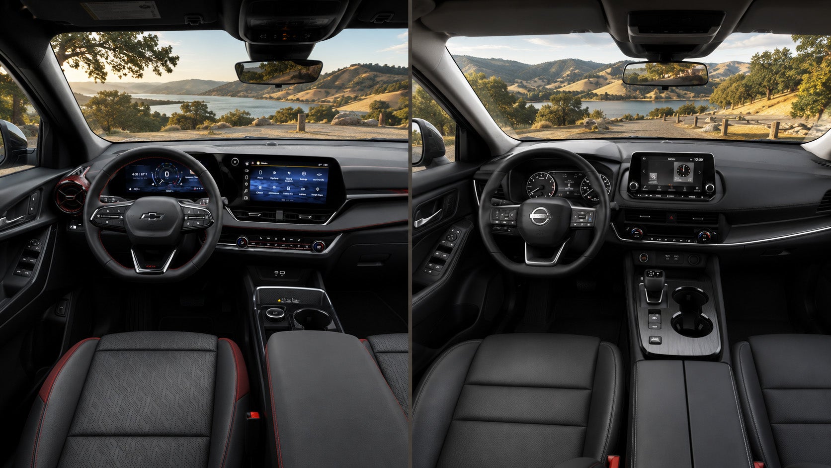 Side-by-side view of the 2027 Chevrolet Equinox and 2026.5 Nissan Rogue interiors parked near a lakeside overlook in Pittsburg, California, showing both dashboards and steering wheels with scenic hills and water in the background. The Chevrolet cabin features a wide digital display, red accents, and a sporty layout, while the Nissan interior highlights a clean design with analog gauges and a compact infotainment screen.