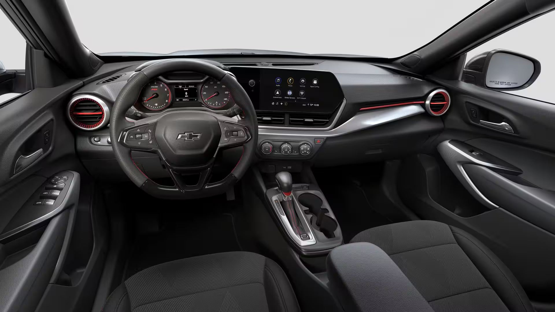 2026 Chevy Trax Jet Black and Gray with Red accents interior view