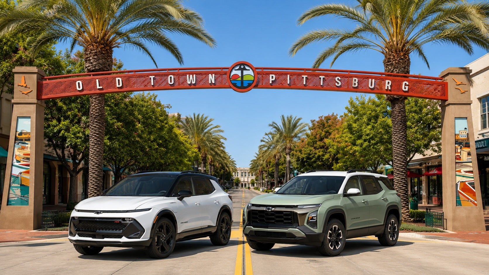 White Chevrolet Equinox EV RS and light green Chevrolet Equinox SUV parked side-by-side beneath the “OLD TOWN PITTSBURG” archway in downtown Pittsburg, California, on a bright summer day. The street is clear of other vehicles, with palm trees lining both sides and blue skies overhead, highlighting the two Chevrolet SUVs as the focal point of the scene.