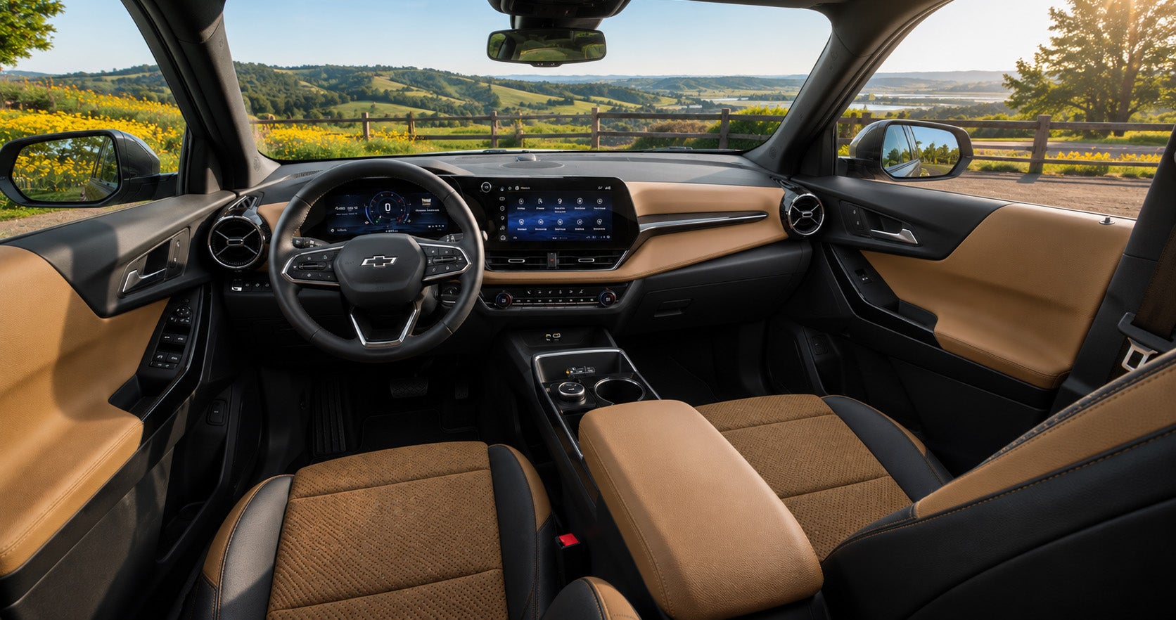 2027 Chevrolet Equinox ACTIV cabin with tan and black interior, digital display, and front-row technology.