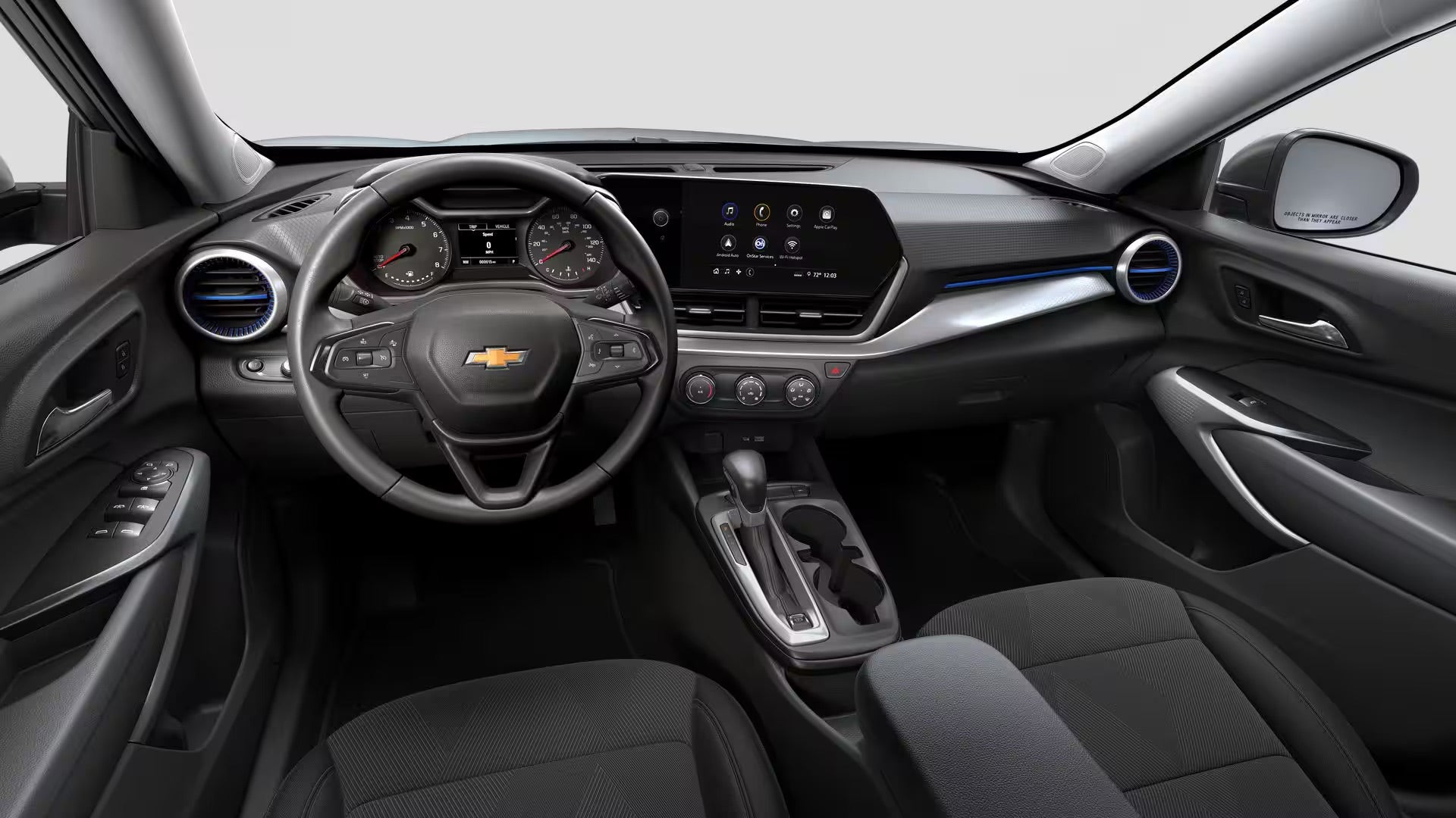 2026 Chevy Trax Jet Black and Gray with Blue accents interior