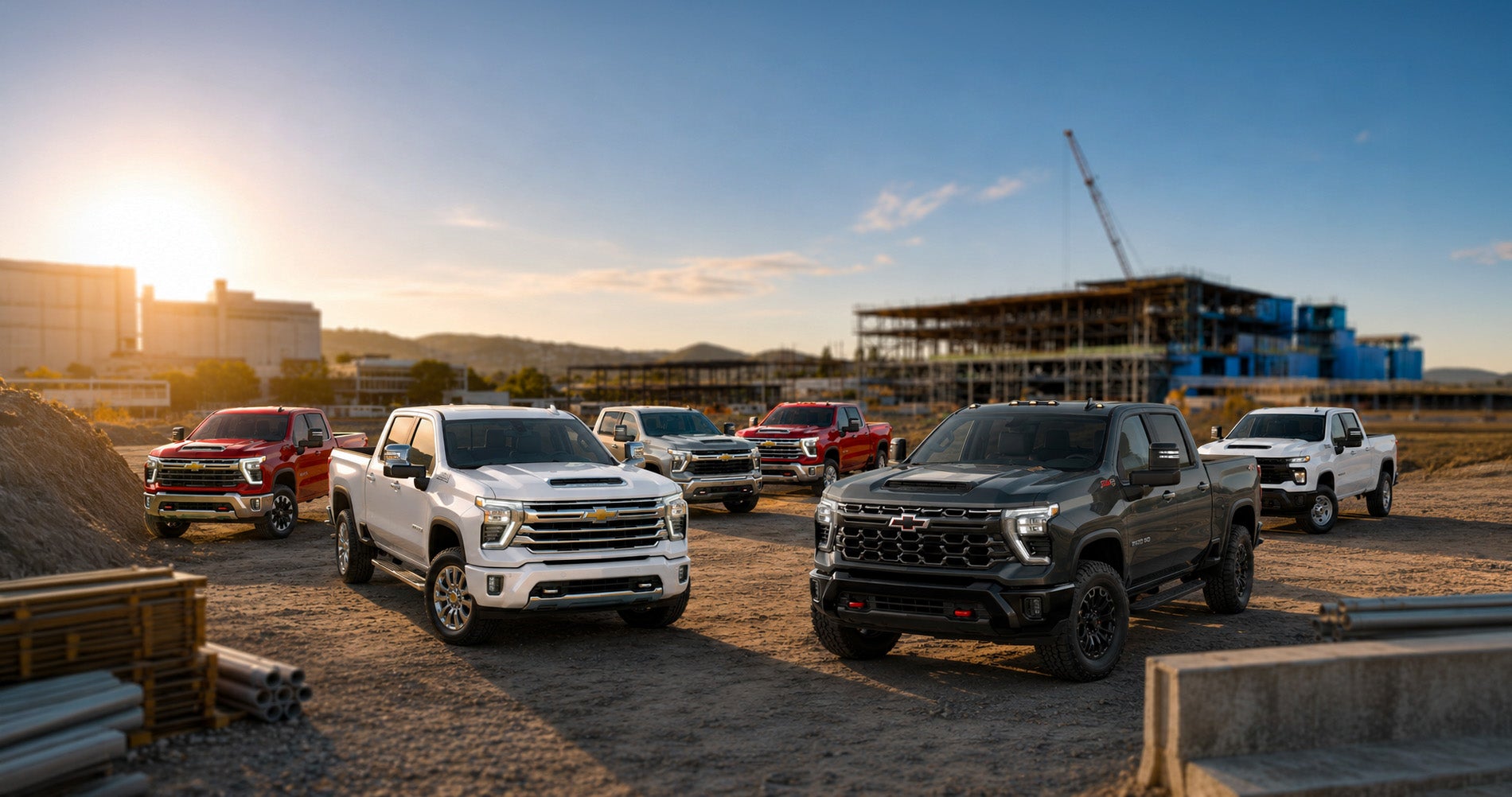Six 2026 Chevrolet Silverado 2500 trucks in red, white, silver, tan, and black parked staggered on a construction site in Pittsburg, California, with cranes and steel framing in the background under a bright morning sky, showcasing the full range of Silverado HD trims and colors.