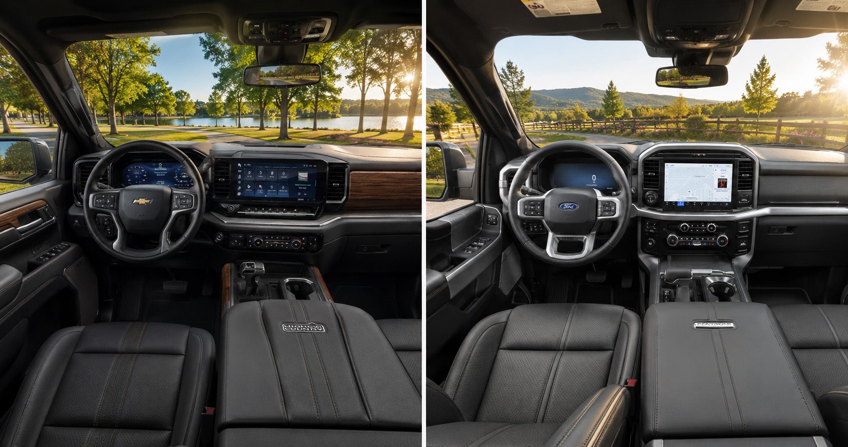 Side-by-side view of Chevrolet Silverado High Country and Ford F-150 Platinum cabins, showcasing digital displays and luxury finishes.