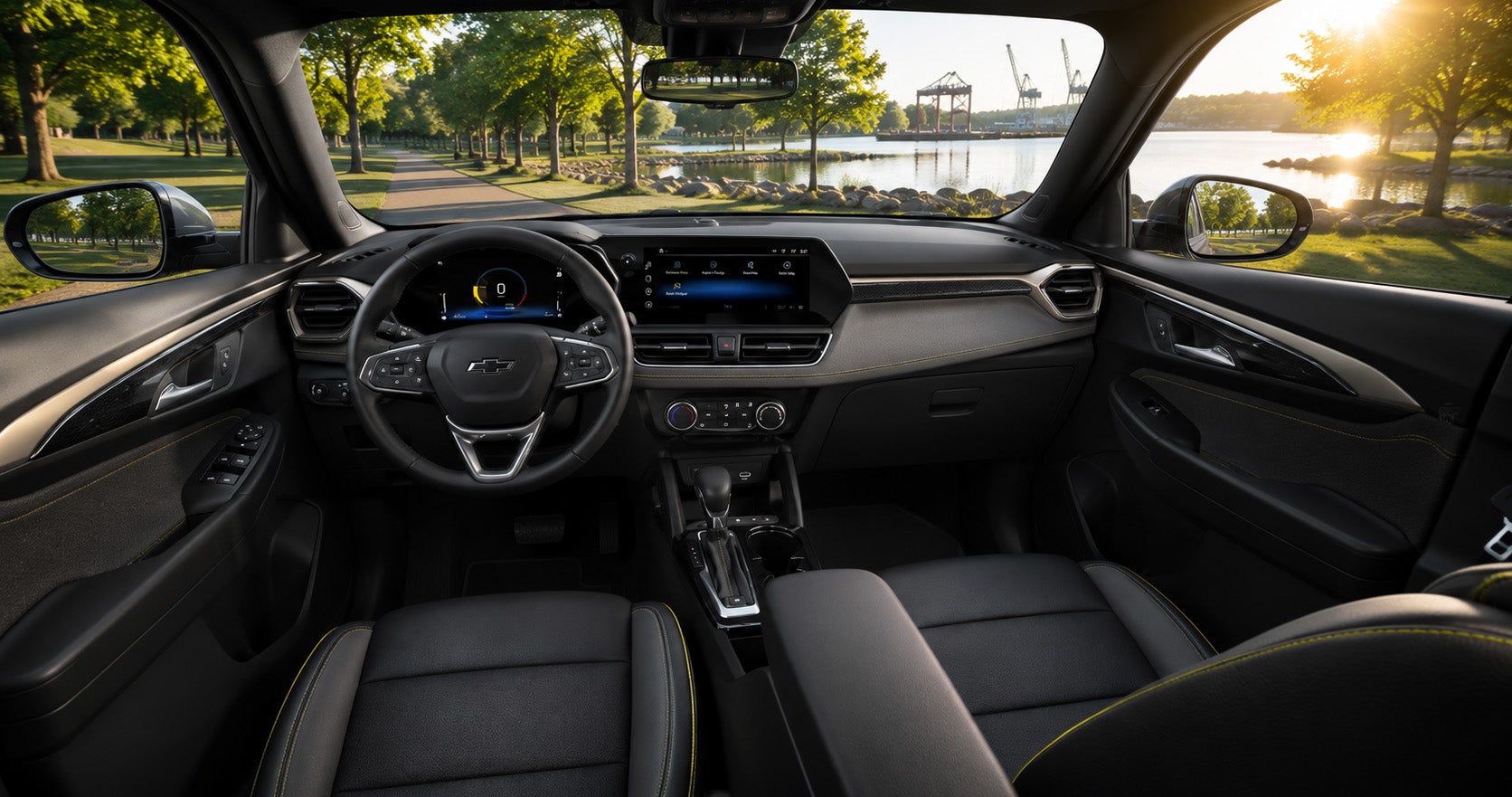 2026 Chevrolet Trailblazer interior with digital display and contrast stitching, showing the SUV's tech-focused cabin design.