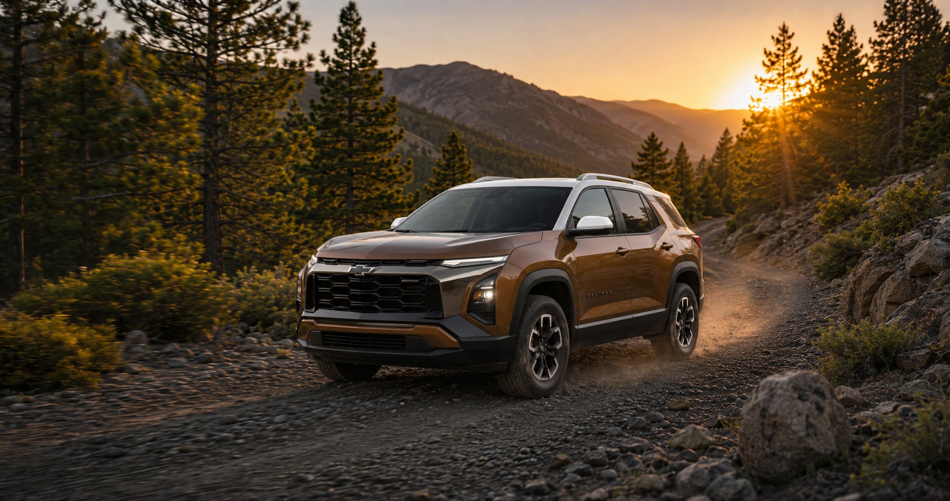 Bronze 2027 Chevrolet Equinox ACTIV on a rural gravel road at sunset, highlighting outdoor-inspired style.
