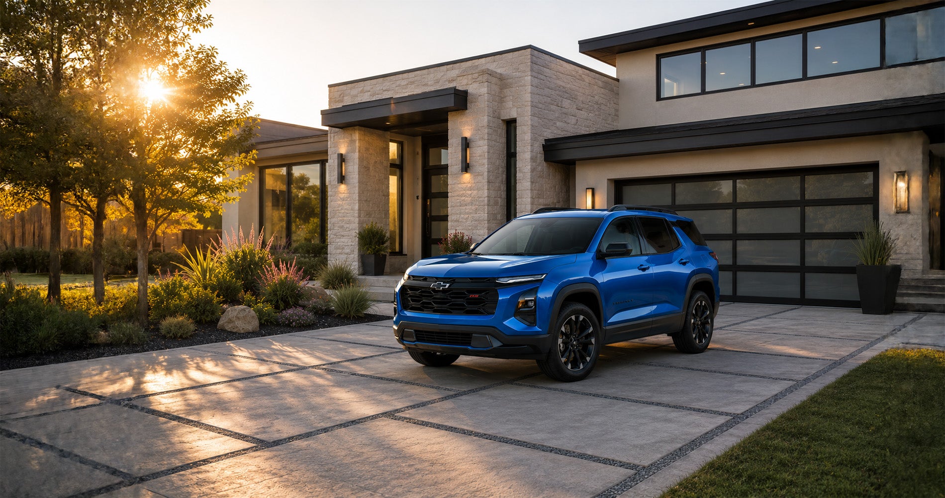 Blue 2027 Chevy Equinox RS parked in a modern driveway, showing sporty trim styling and urban design.