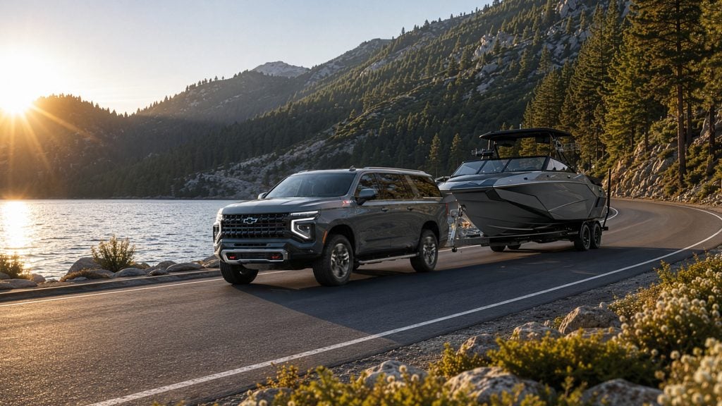 A gray 2026 Chevrolet Suburban Z71 towing a black boat along a mountain lake road at sunrise, illustrating the SUV’s power and towing performance for California drivers.