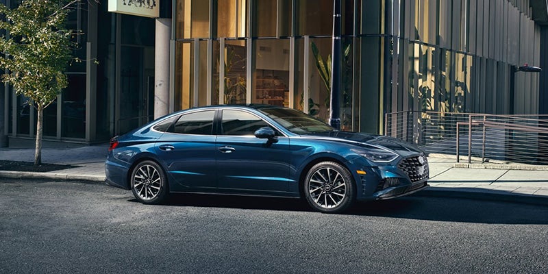 Rear view of a blue Hyundai Sonata N