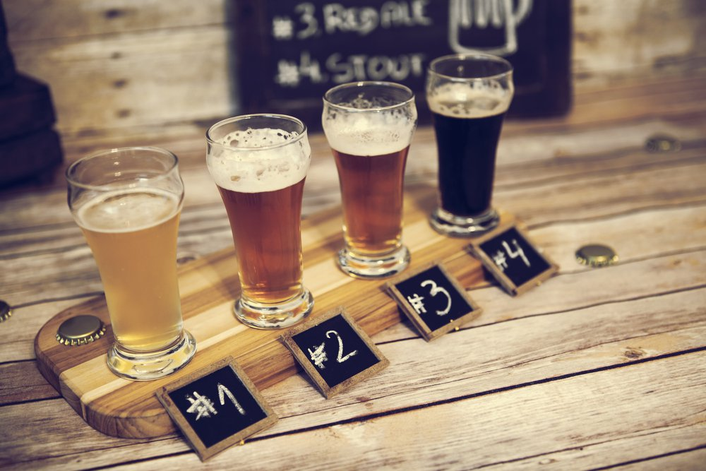 Four people clink glasses of beer celebrating.