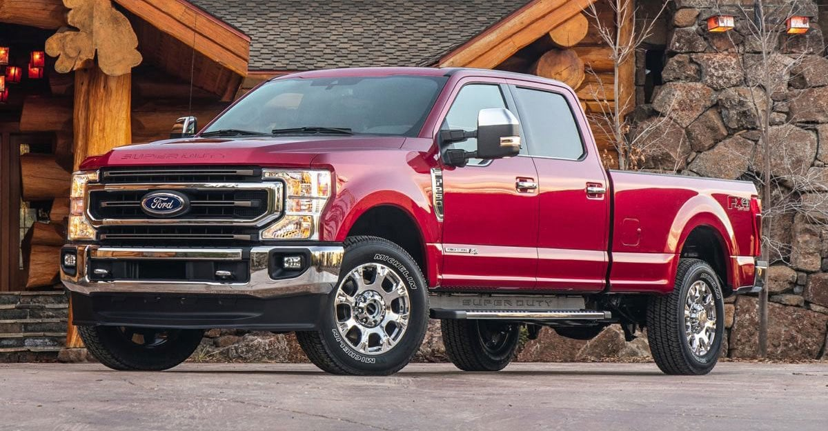 Front 3/4 view of a dark red 2023 Ford F-250 Super Duty.