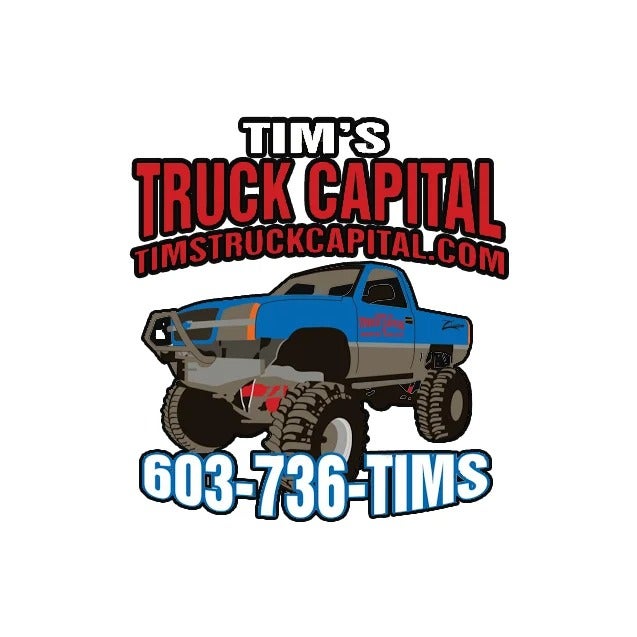 Logo for Tim's Truck Capital, featuring a blue and gray monster truck, the website "TIMSTRUCKCAPITAL.COM", and a phone number (603) 736-TIMS.