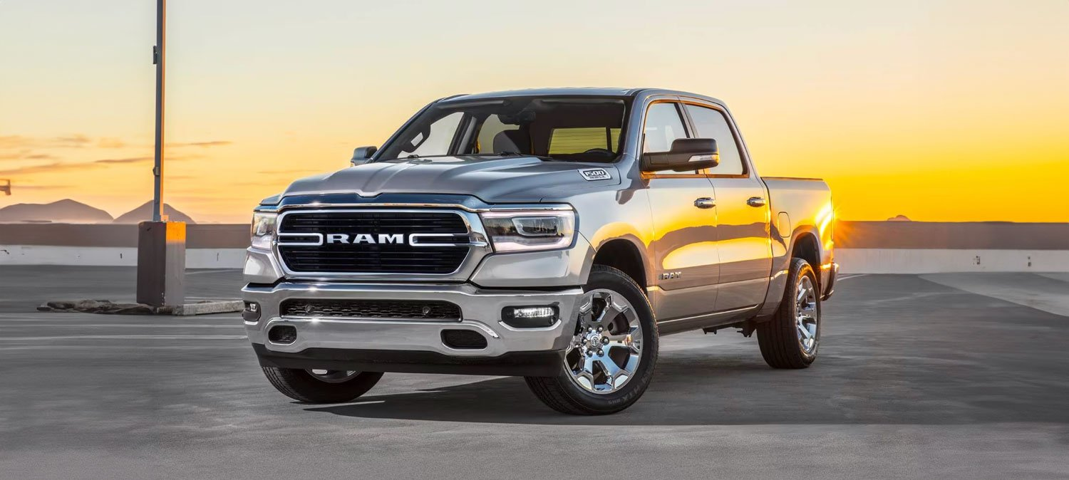 View of a black Ram pickup truck.
