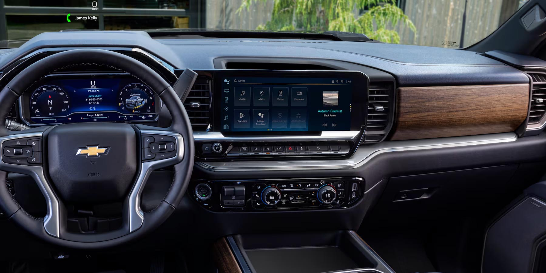 Pickup truck interior with dashboard view.