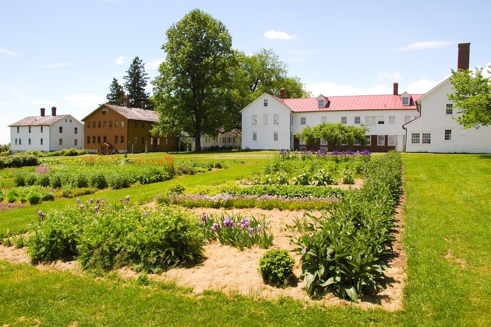 Historic Shaker village with a foreground garden of herbs and vegetables, and white and brown buildings behind it.