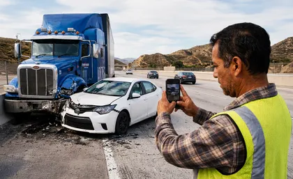 Driver documenting car accident damage with smartphone in Lawrence KS