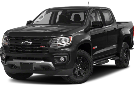 A black Chevy Colorado pickup truck, front three-quarter view, with a blacked-out grille, wheels, and Z71 badging.