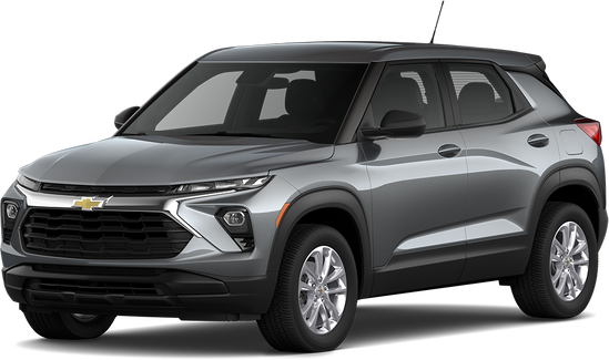 A silver Chevrolet Trailblazer crossover SUV with a black roof and black trim, angled to the left.