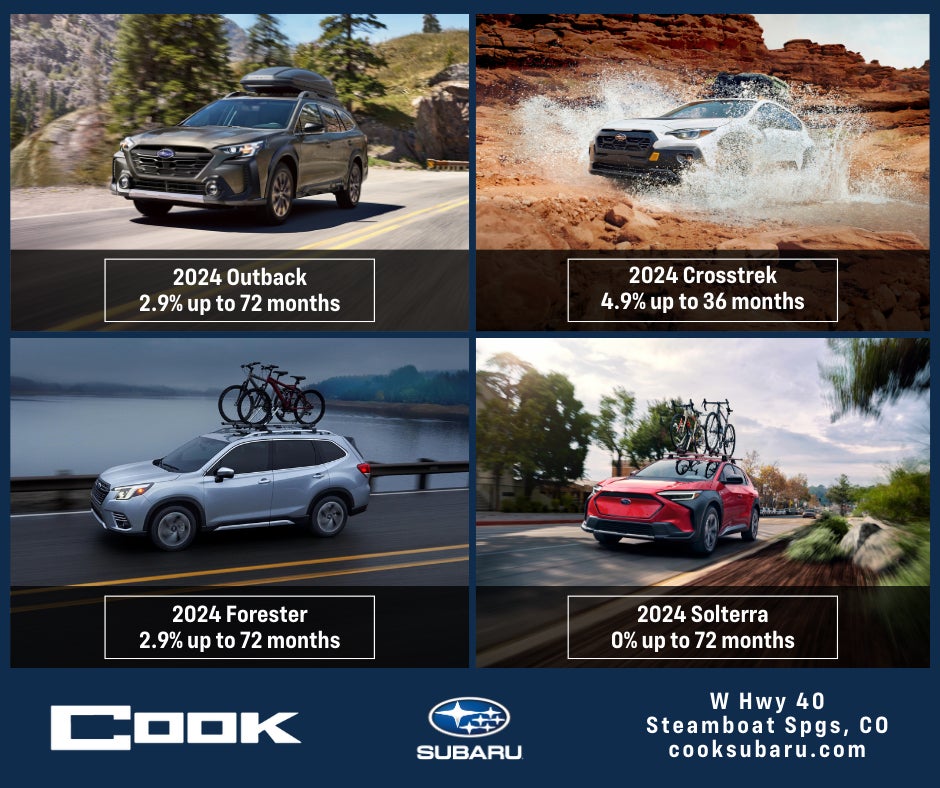 Cook Subaru ad featuring four 2024 models: Outback, Crosstrek, Forester, and Solterra, with various financing offers.