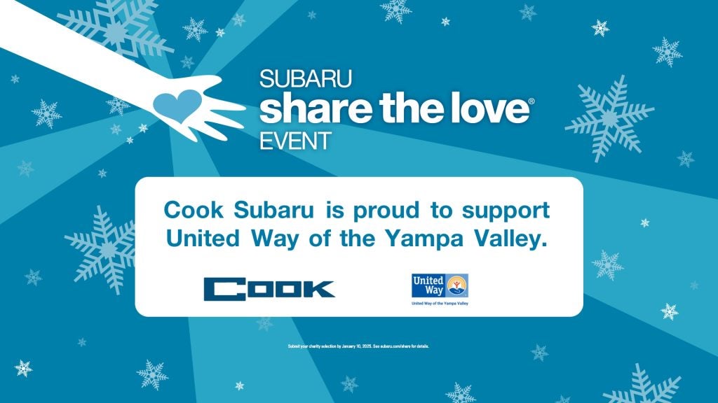 Blue background with snowflakes, Subaru Share the Love Event logo, an arm holding a heart, and Cook Subaru supporting United Way of the Yampa Valley.