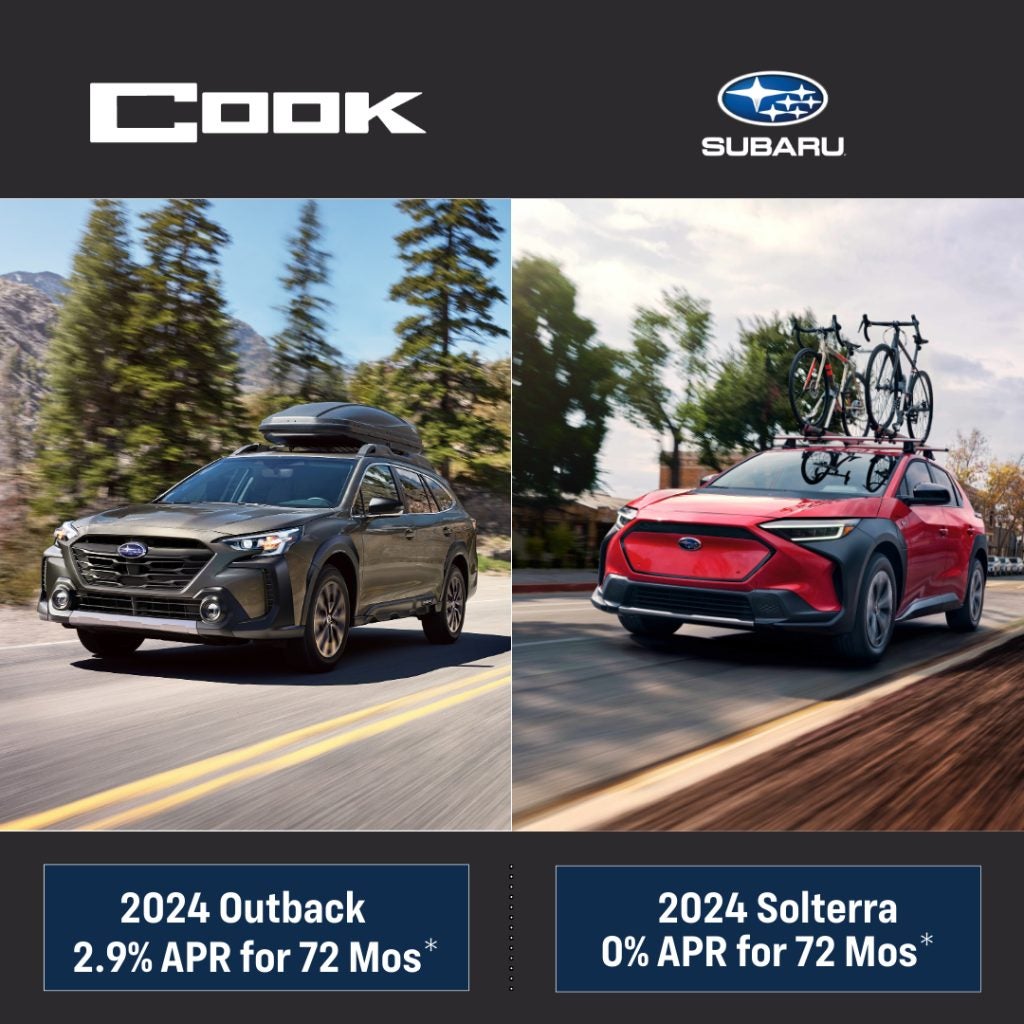 A 2024 gray Subaru Outback and a red Solterra with bicycles on top, advertising financing offers.