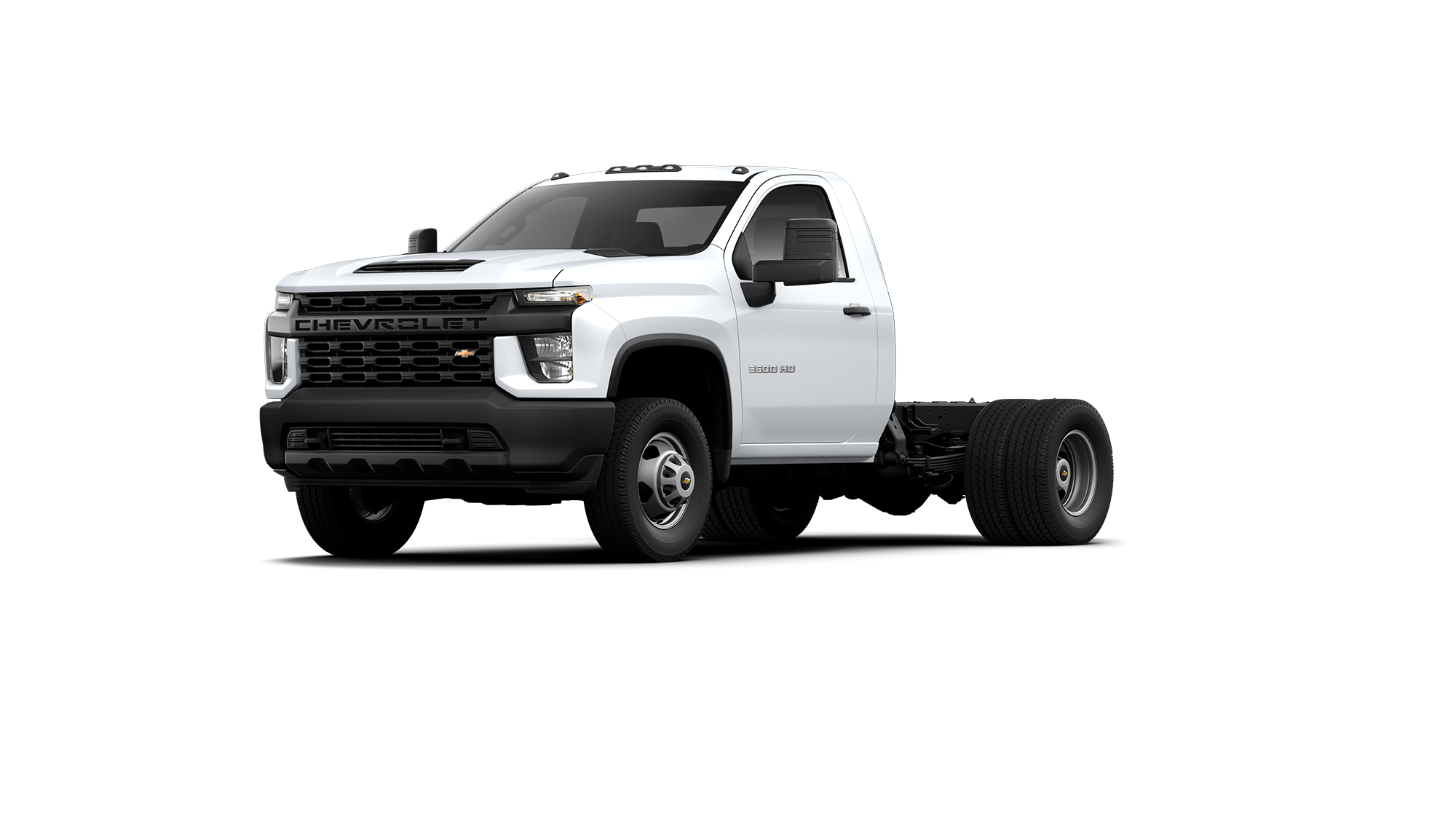 Front 3/4 view of a white Chevrolet 3500 HD Regular Cab Chassis Cab on a black background.