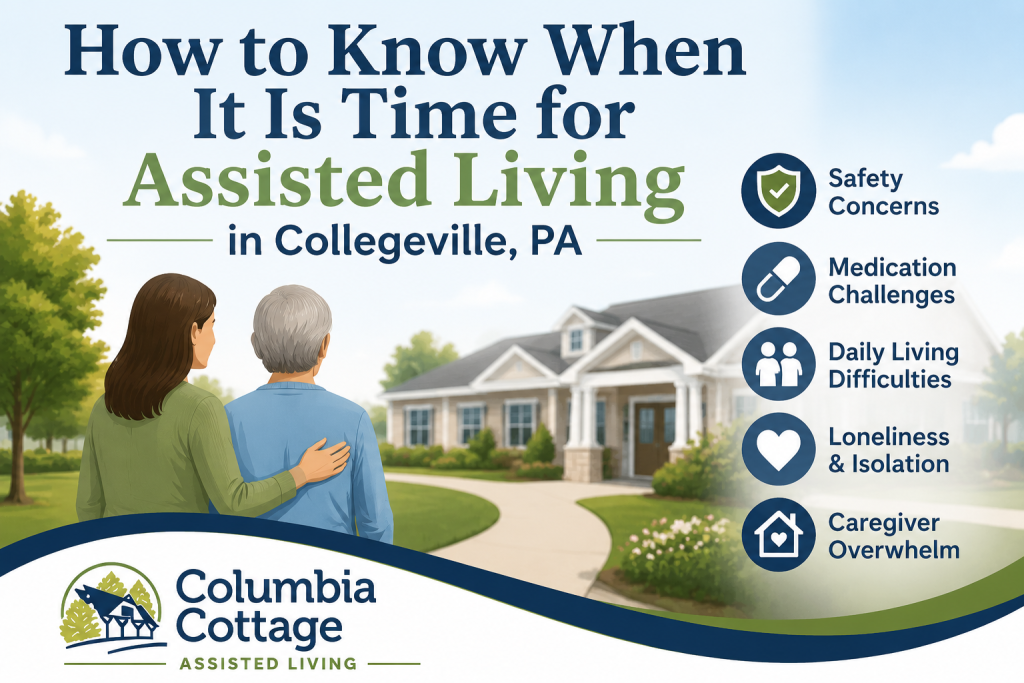 Illustration showing a family member supporting a senior while considering assisted living options in Collegeville, PA for safety, care, and quality of life at Columbia Cottage