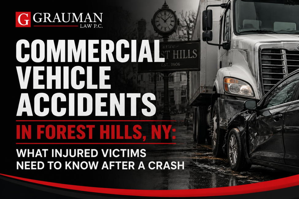 Commercial vehicle accident in Forest Hills, NY showing a truck collision with a passenger vehicle and representing injured victims seeking legal guidance from Grauman Law P.C