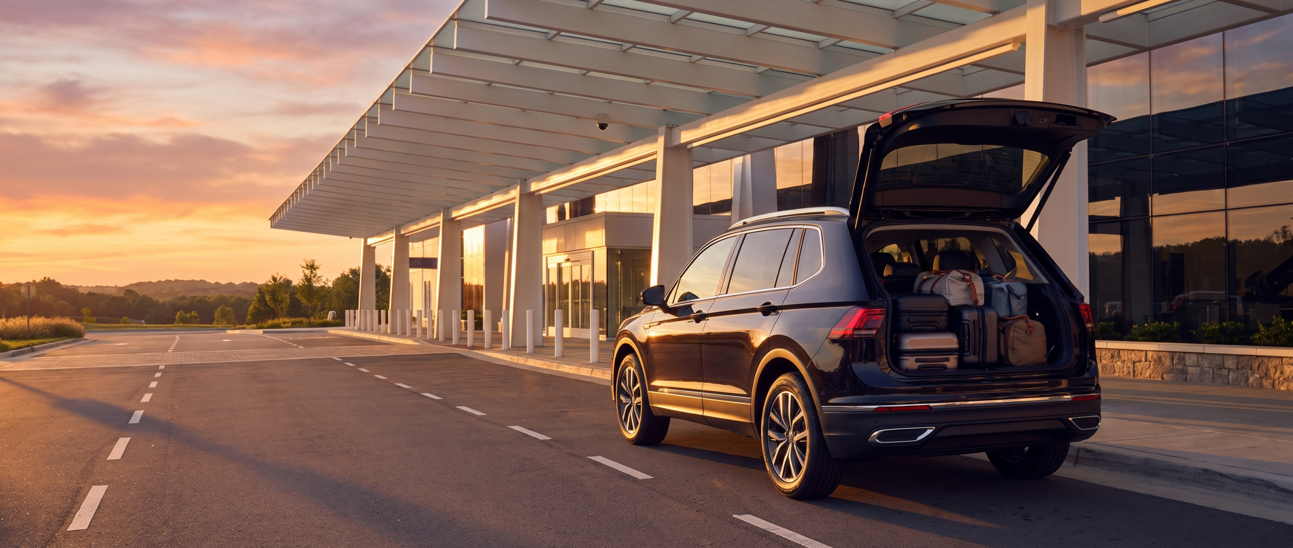 2026 Volkswagen Tiguan at airport curbside pickup with luggage loaded, Upstate South Carolina summer evening