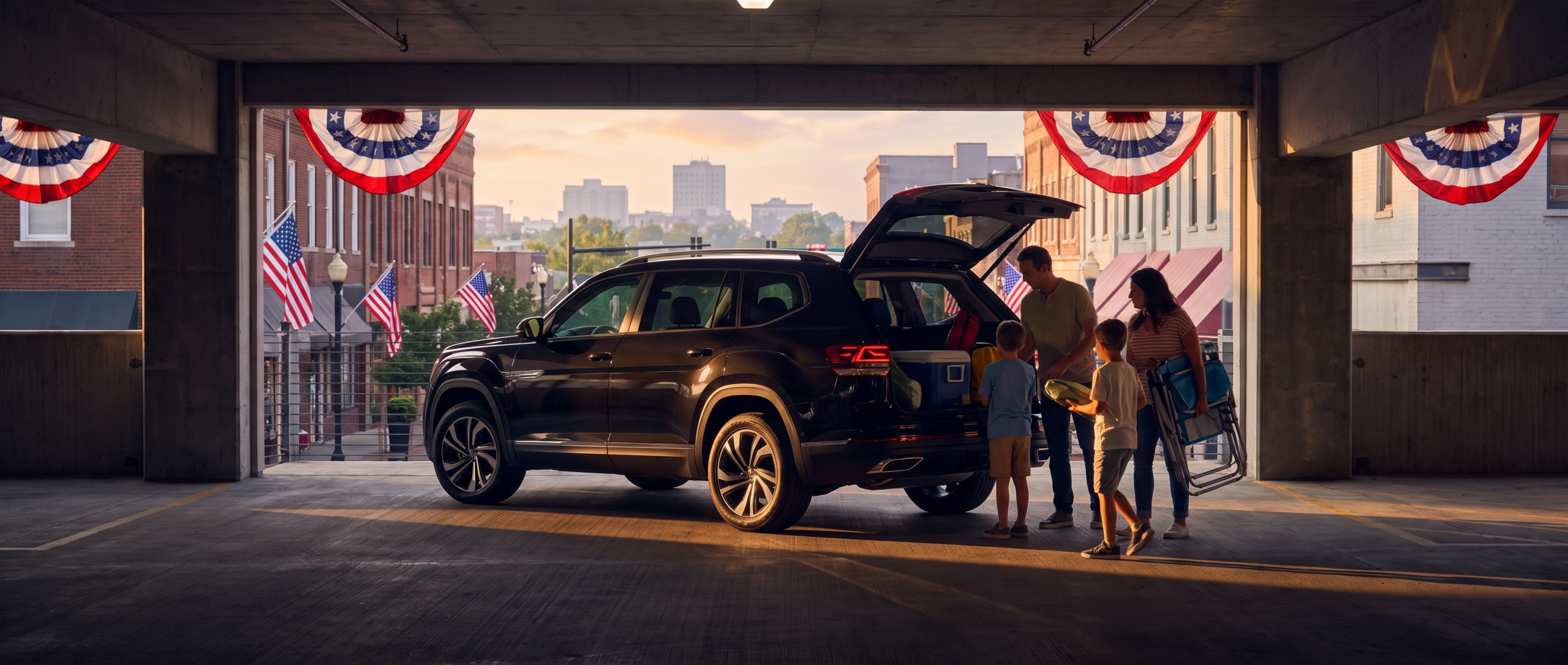 2026 Volkswagen Atlas parked in a downtown Spartanburg parking garage on the Fourth of July