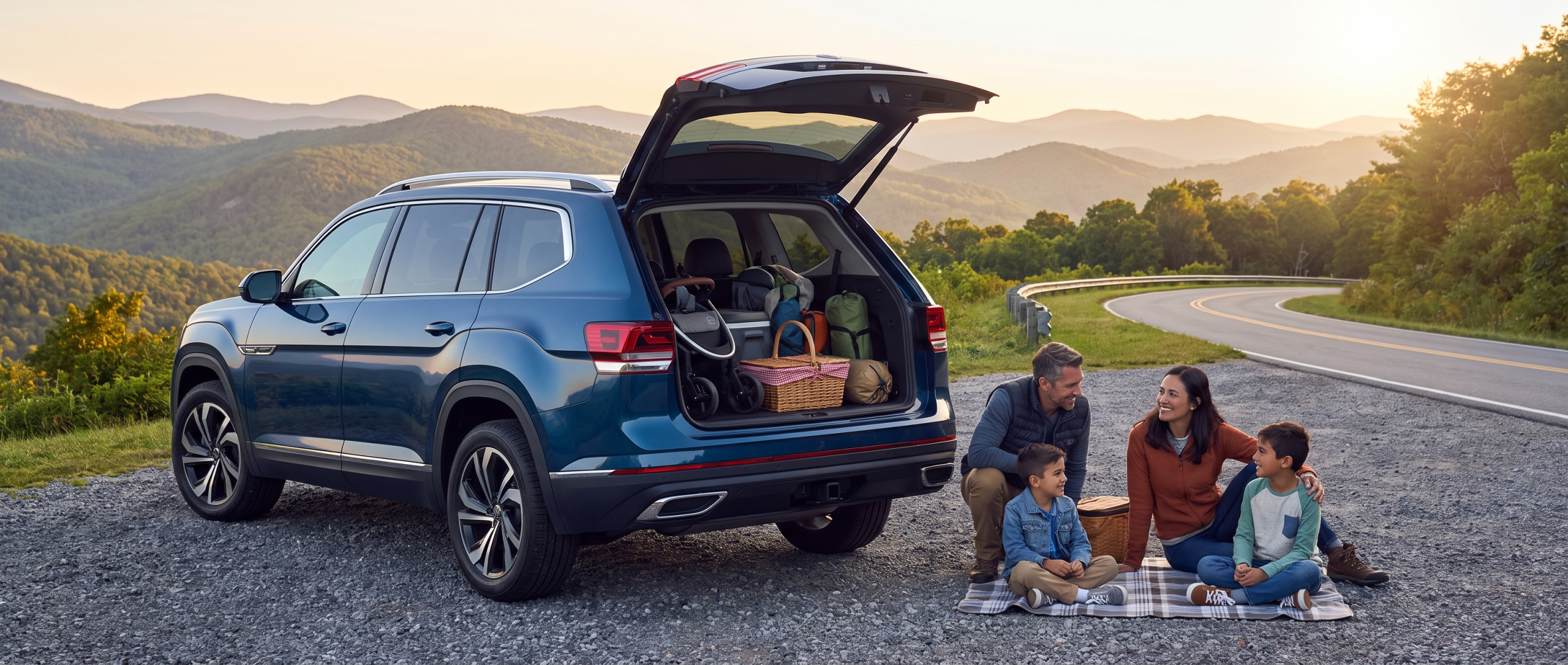 2026 Volkswagen Atlas third-row SUV on SC Highway 11 near Spartanburg with Blue Ridge foothills in the background
