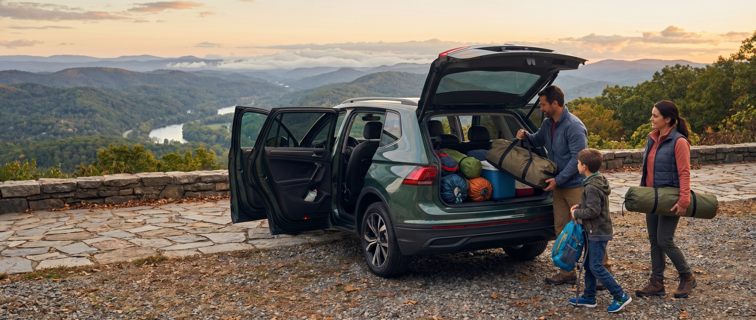 Volkswagen Tiguan with road trip gear at Blue Ridge Parkway overlook near Spartanburg SC