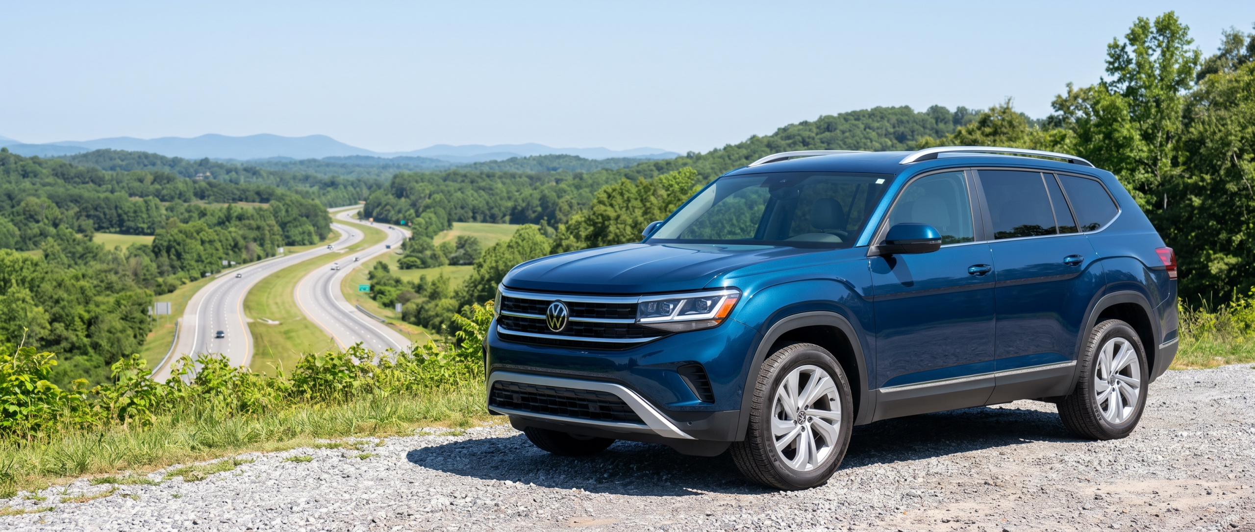 2026 Volkswagen Atlas at a Blue Ridge foothills overlook in Upstate South Carolina, loaded for a summer I-85 road trip