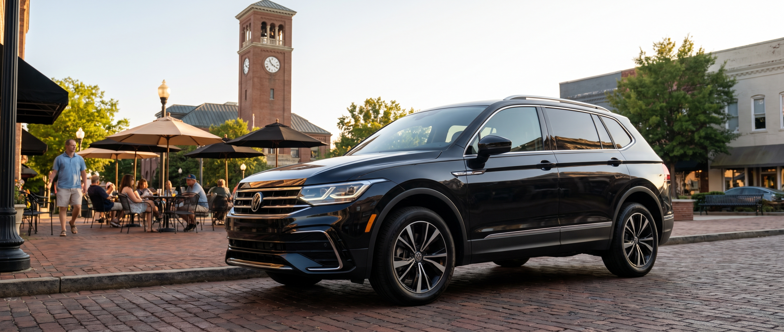 2026 Volkswagen Tiguan parked near Morgan Square in downtown Spartanburg SC on a summer evening