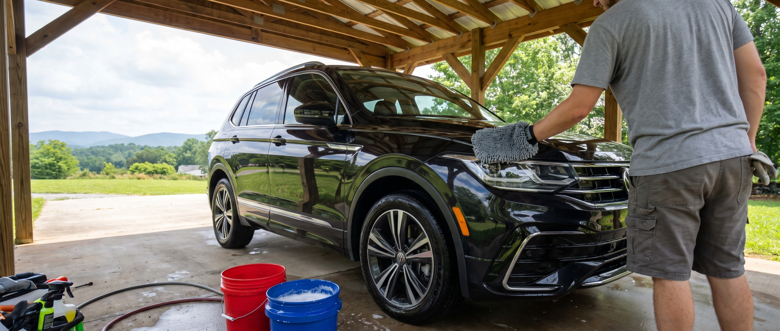 2026 Volkswagen Tiguan hand wash with two-bucket method in Spartanburg SC summer morning shade