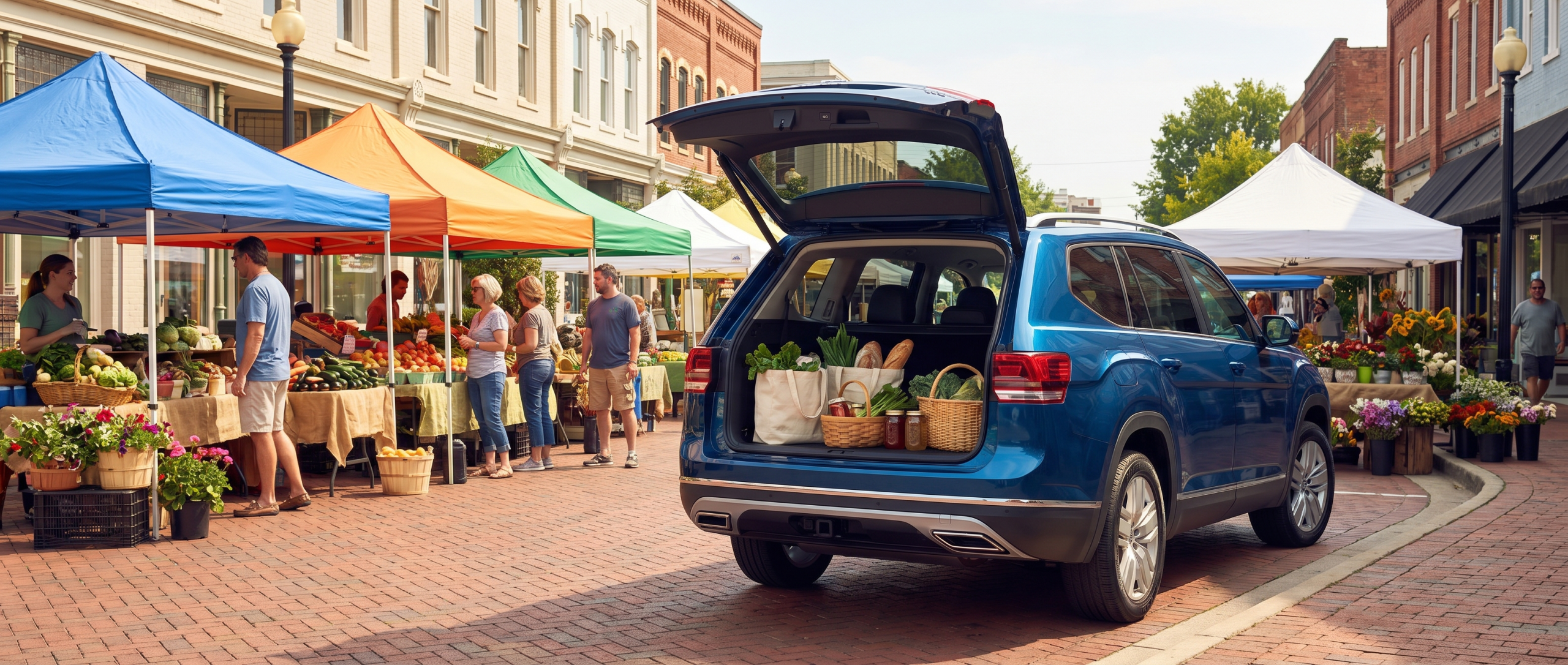 Volkswagen vehicles at Spartanburg farmers market with fresh produce and cargo space