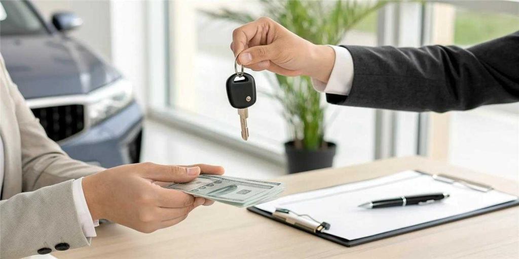Hands exchanging a black car key fob with a brushed metal emblem.