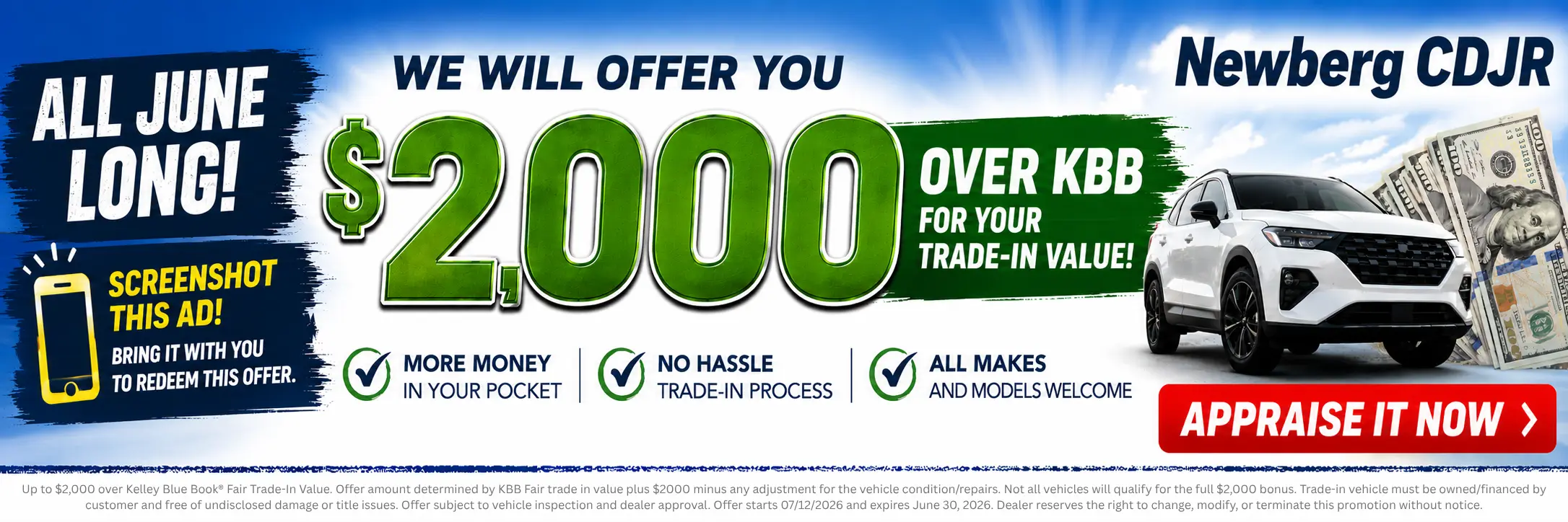 Newberg CDJR — get $2,000 over Kelley Blue Book value for your trade-in