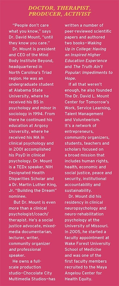 Text on a magenta background describing Dr. David Mount's accomplishments as a doctor, therapist, producer, and activist.