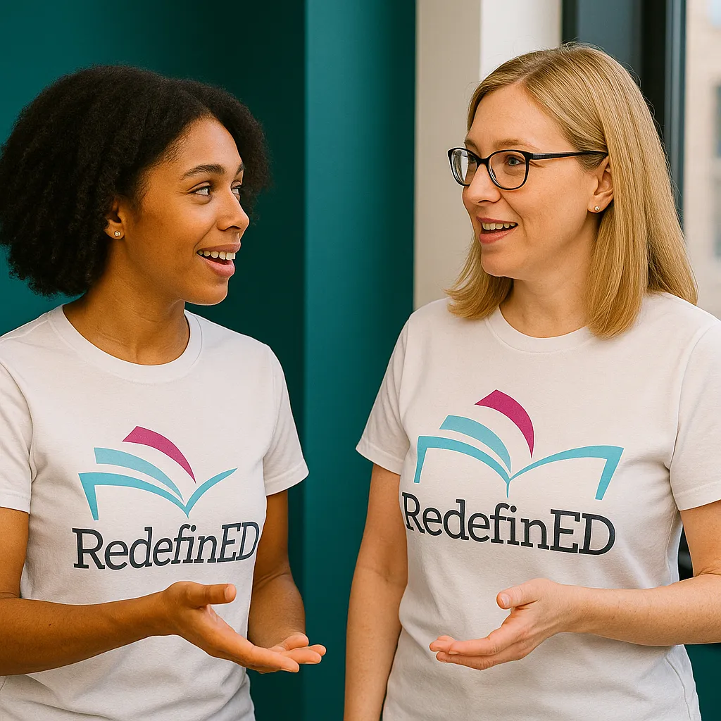 Two educators discussing ideas while wearing organization-branded shirts.