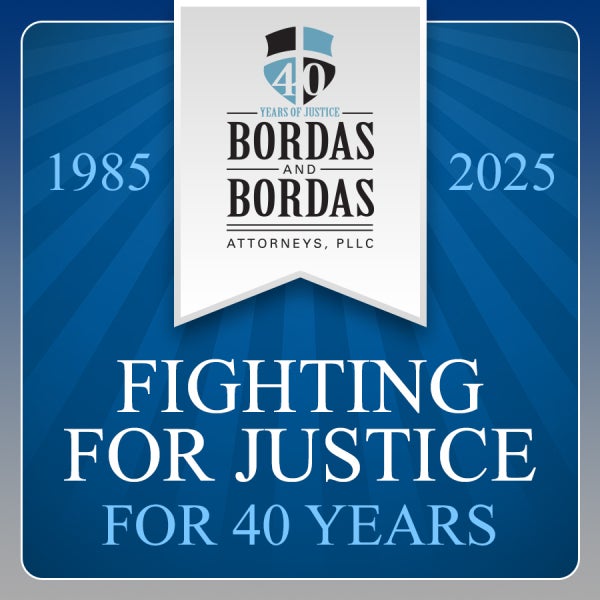 Bordas and Bordas Attorneys celebrating 40 years of justice from 1985 to 2025 with the message "Fighting for Justice for 40 Years.