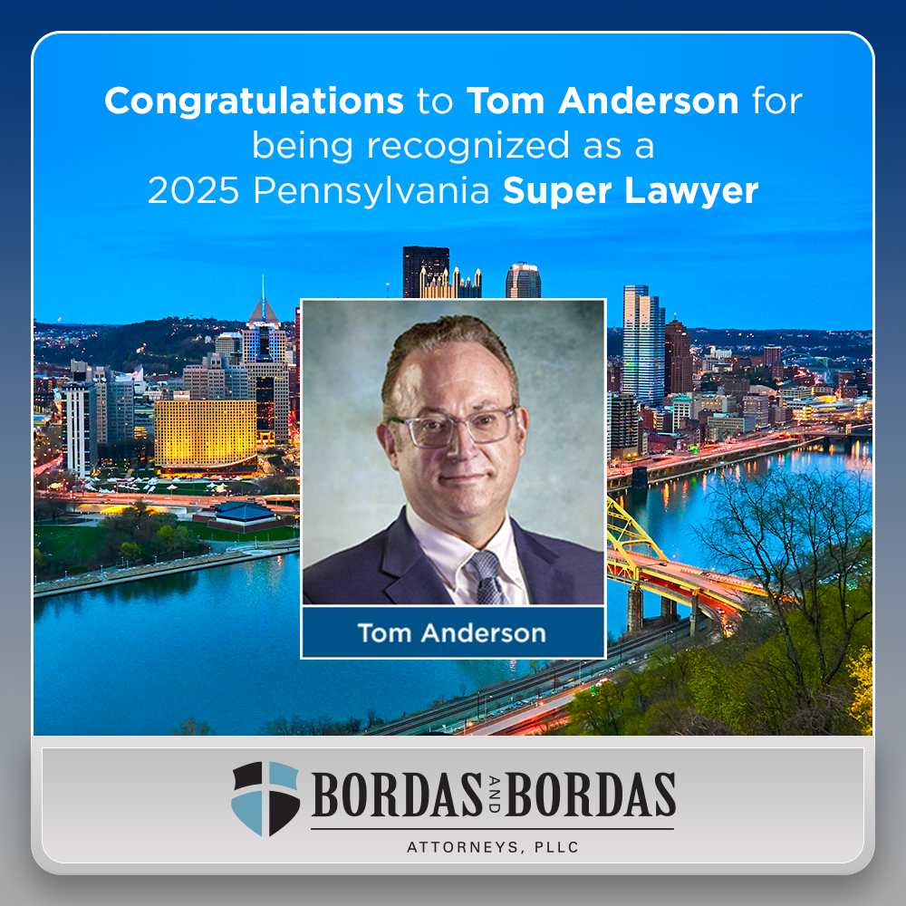 Promotional graphic congratulating Tom Anderson on being recognized as a 2025 Pennsylvania Super Lawyer, featuring his portrait, the Pittsburgh skyline, and the Bordas and Bordas Attorneys logo.