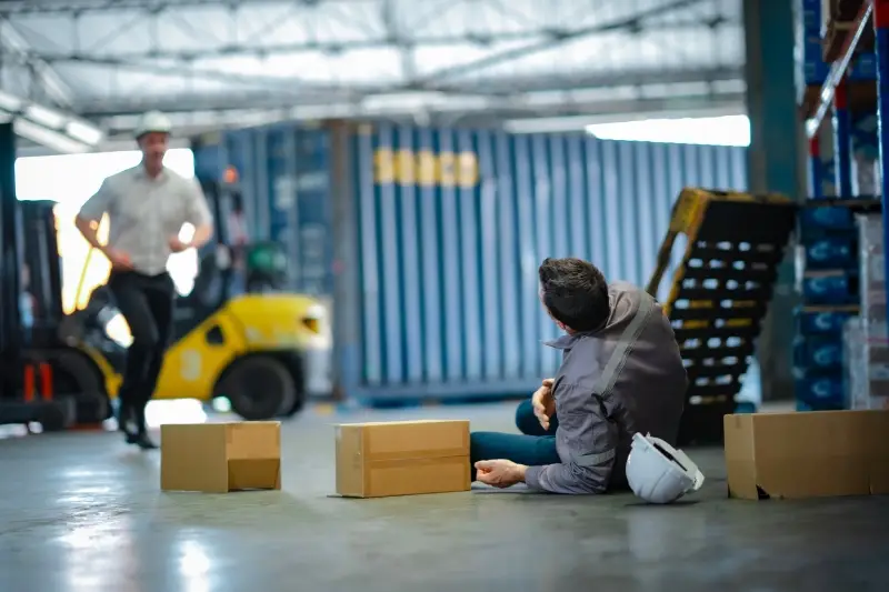 Workplace accident in warehouse with person fallen on floor and forklift approaching nearby