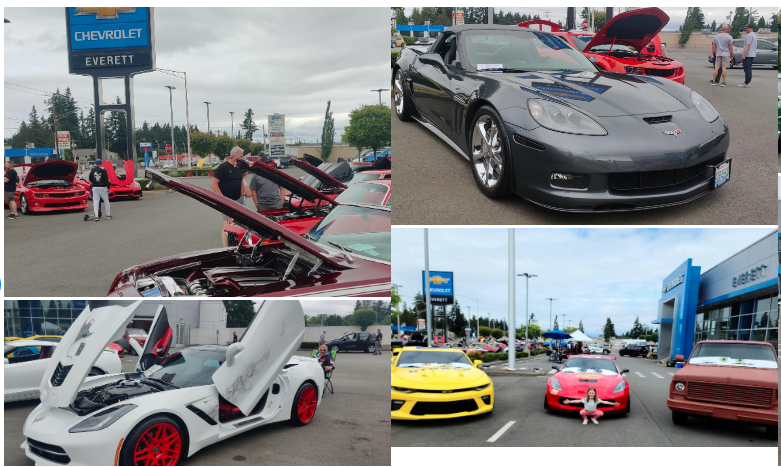 Collage of classic and sports cars displayed at a dealership car show.