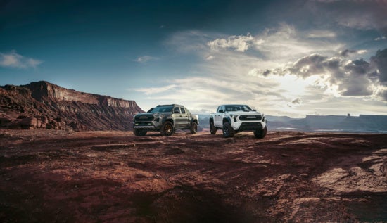 Two Toyota Tacoma pickup trucks, one black and one red, parked on a dirt road with mountains and stars at dusk.